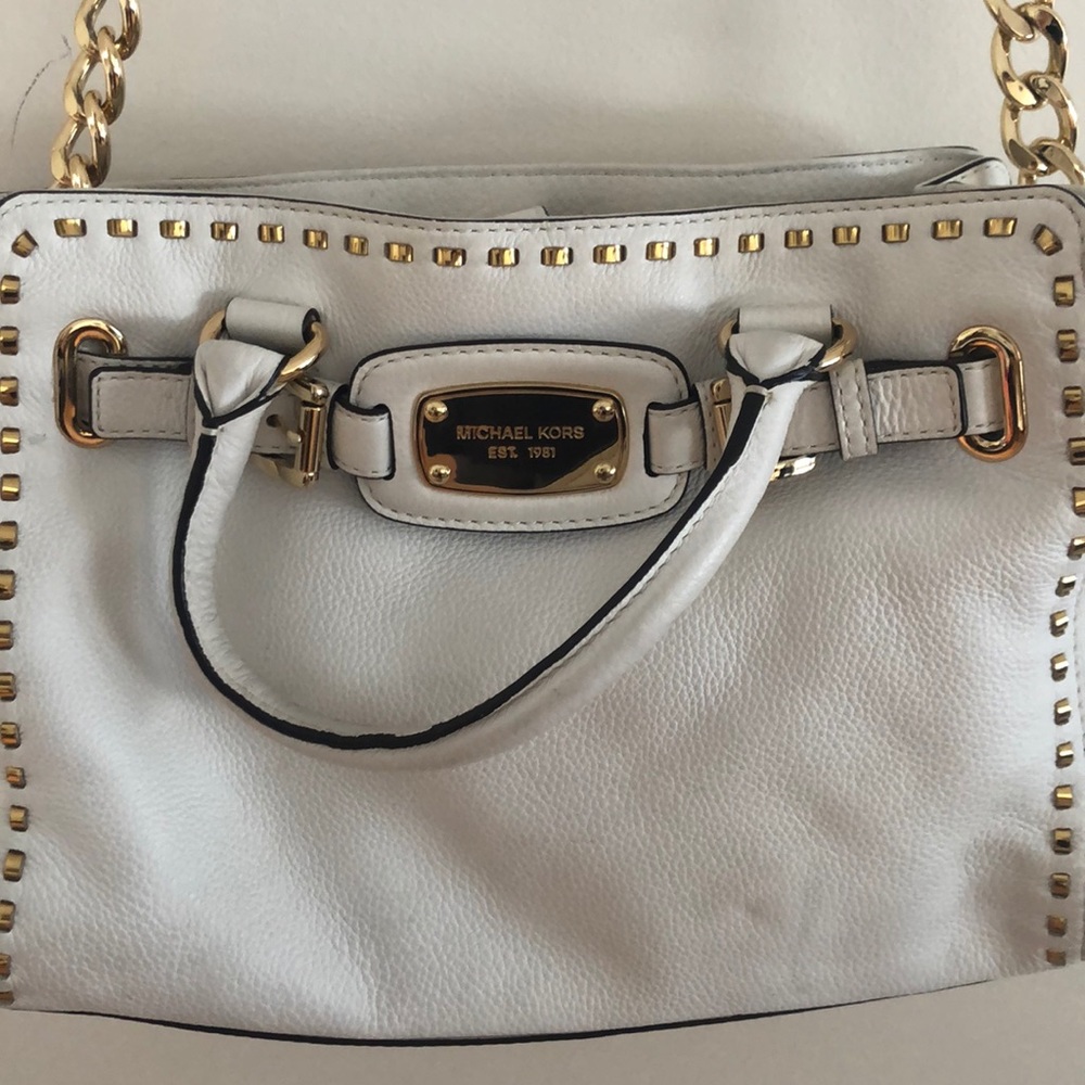 Michael Kors white leather purse with gold accents